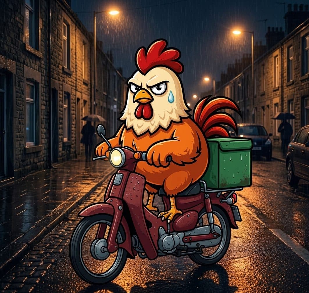 The FIYAH BYRD rooster delivering on a moped through a rainy Bradford street